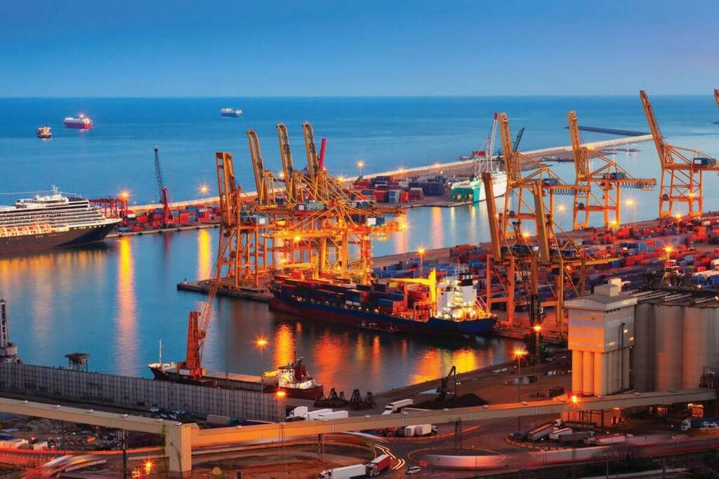 Container port at dusk