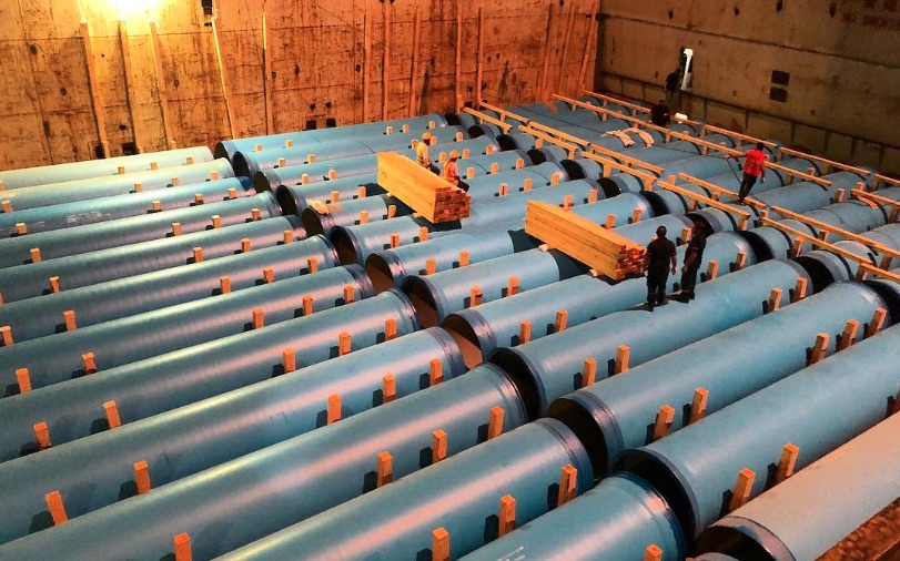Coated pipe cargo stowed in the hold
